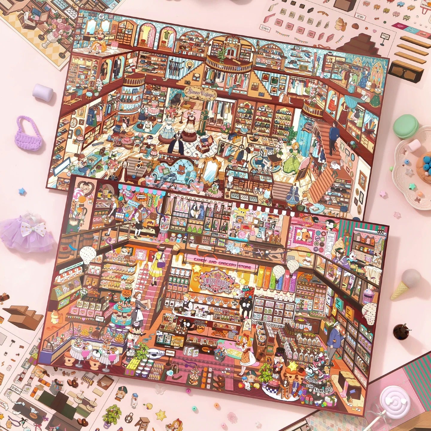 Xinmo｜超大判3Dシーンステッカー キャンディーハウス・洋服店